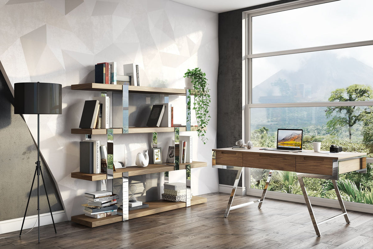 Brewer Modern Walnut Glass & Stainless Steel Bookshelf