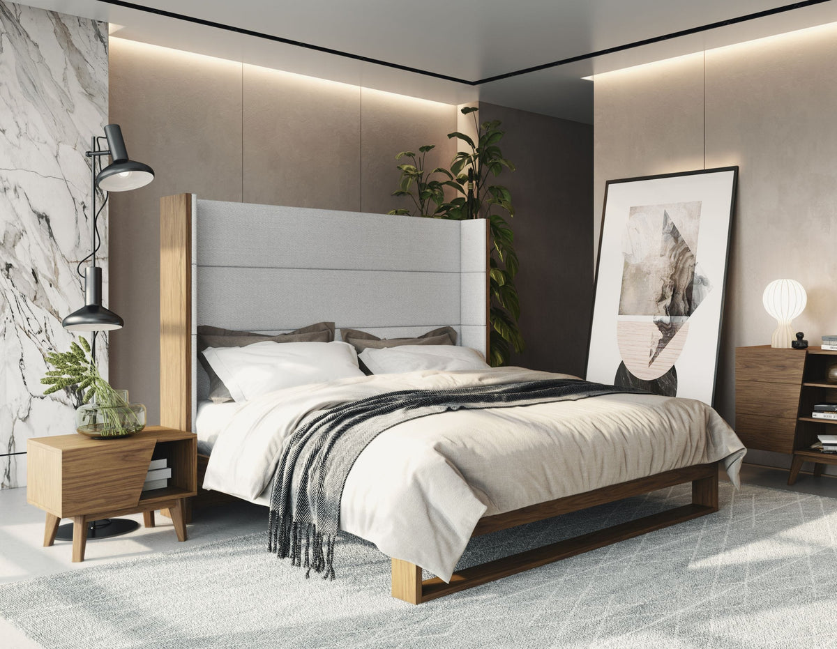 Heloise Contemporary Grey Fabric & Walnut Trim Bed