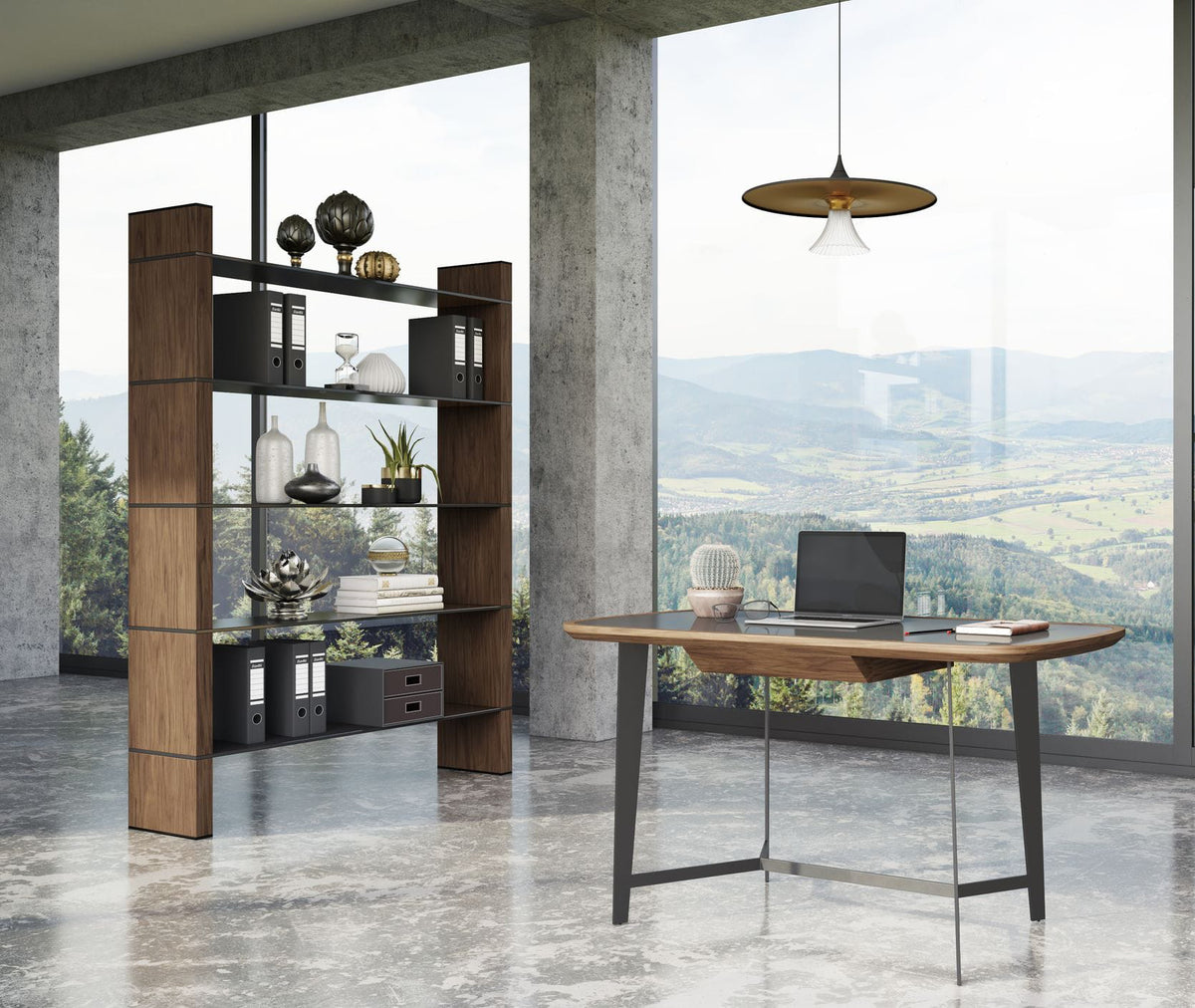 Glencoe Modern Walnut & Black Glass Bookshelf
