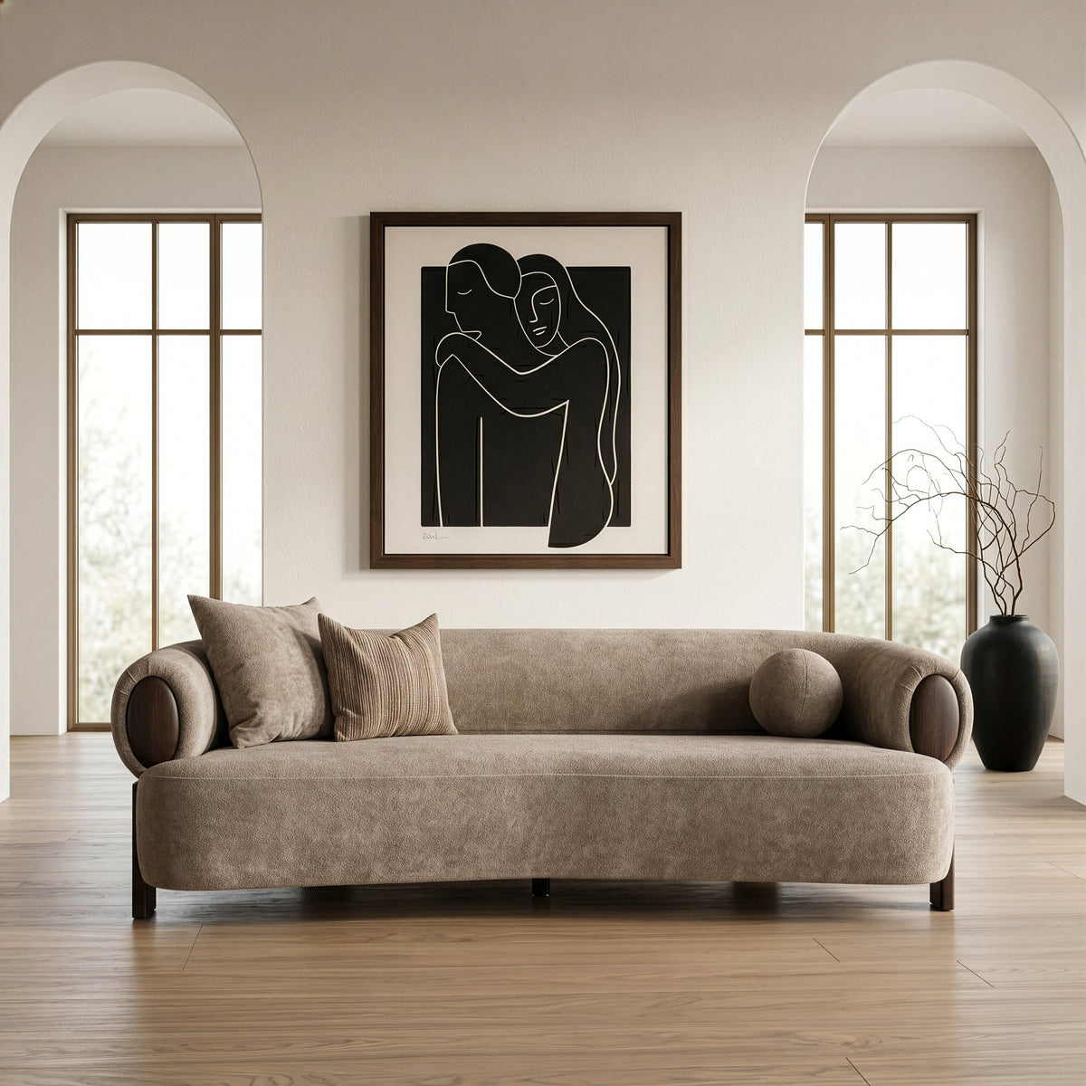 Arnaud Modern Tan Fabric + Brown Oak Sofa