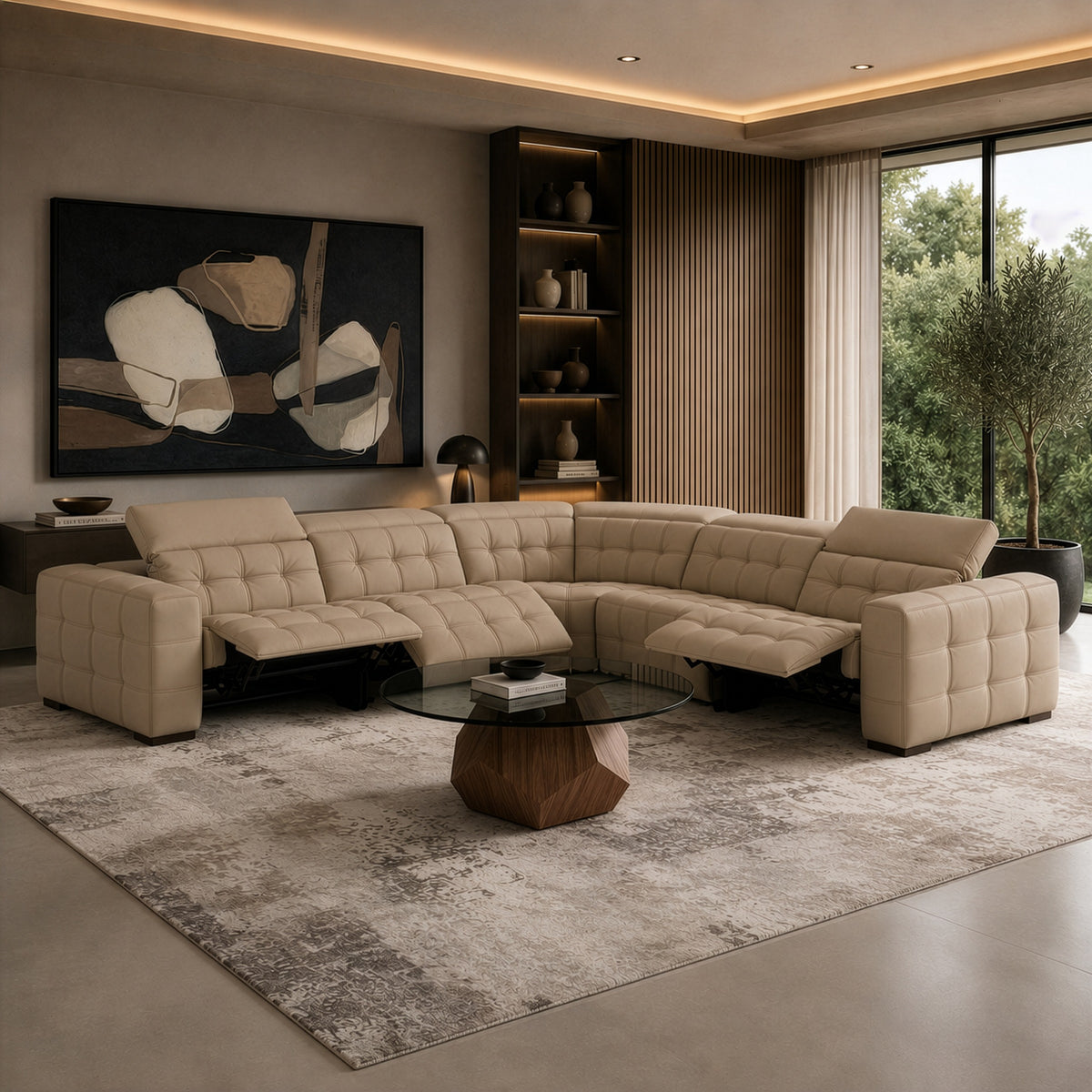 Carney Modern Beige Leather Sectional Sofa + 3 Recliners