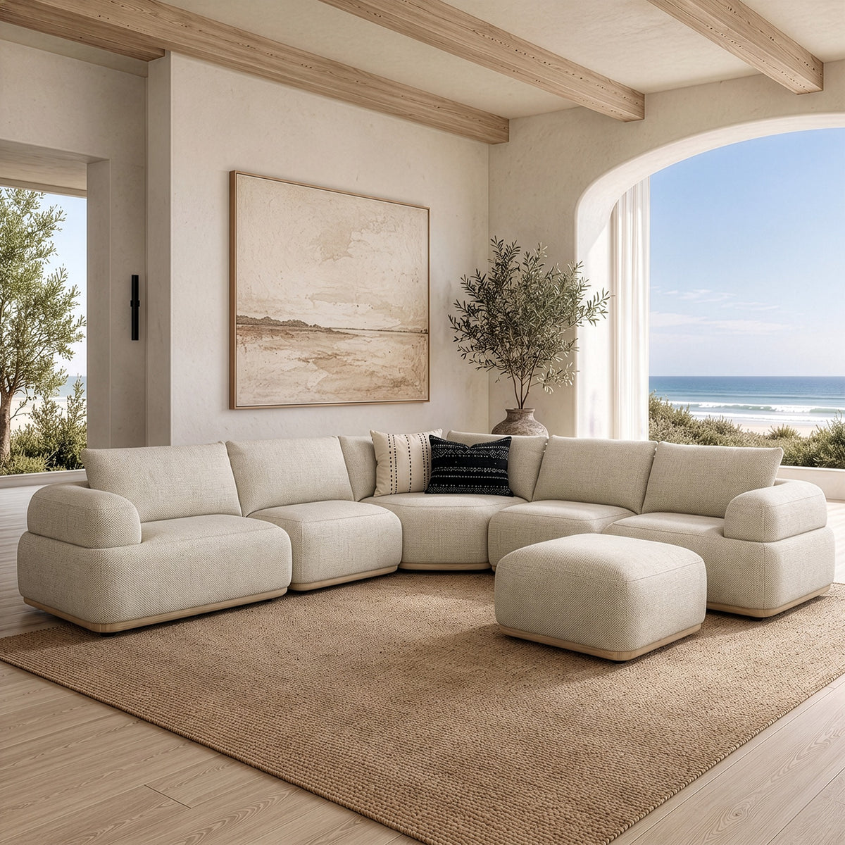 Evans Contemporary Off-White Fabric Modular Sectional Sofa