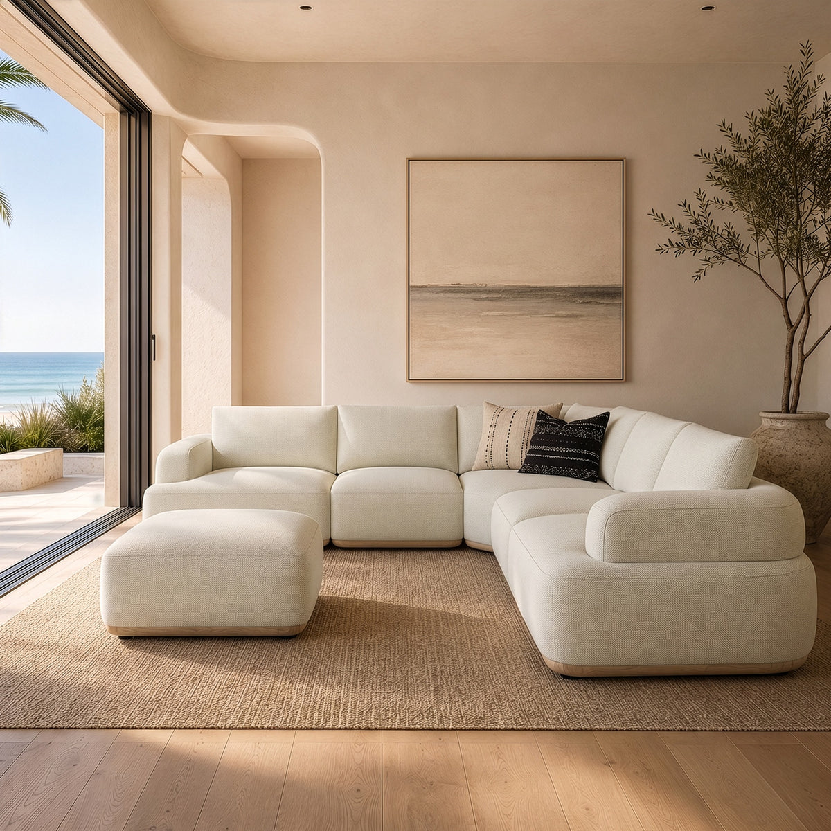 Evans Contemporary Off-White Fabric Modular Sectional Sofa