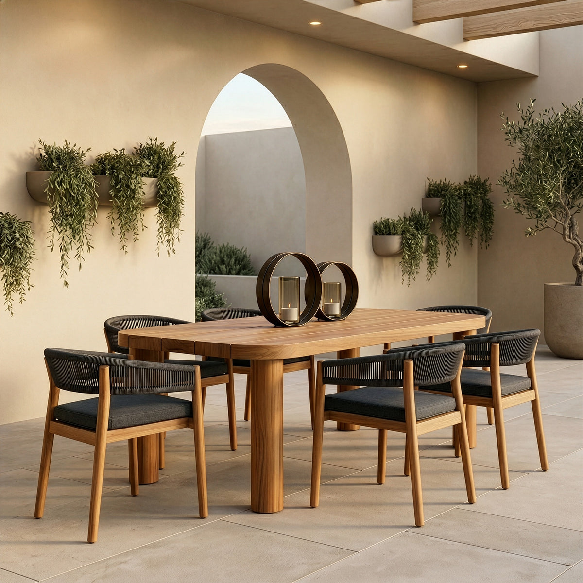 Kamari Outdoor Teak & Grey Olefin Fabric Dining Table Set