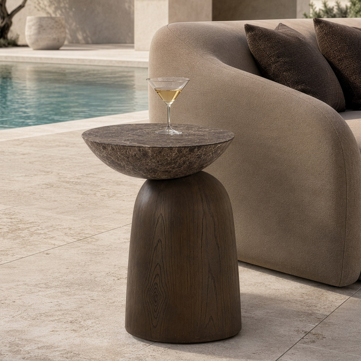 Lenin Modern Faux Marble + Wood Texture Concrete End Table