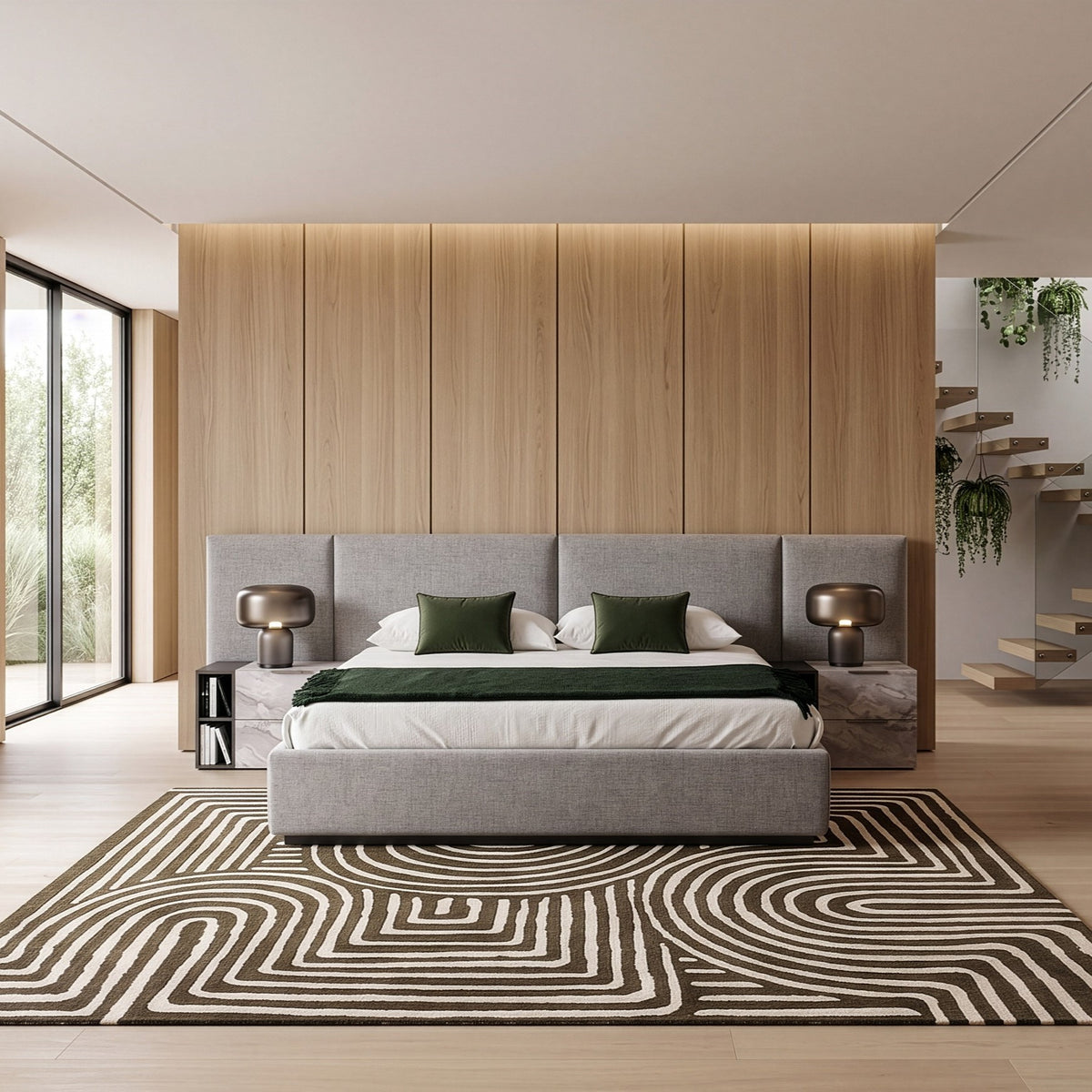 Maranello Modern Grey Fabric Bed with Two Nightstands