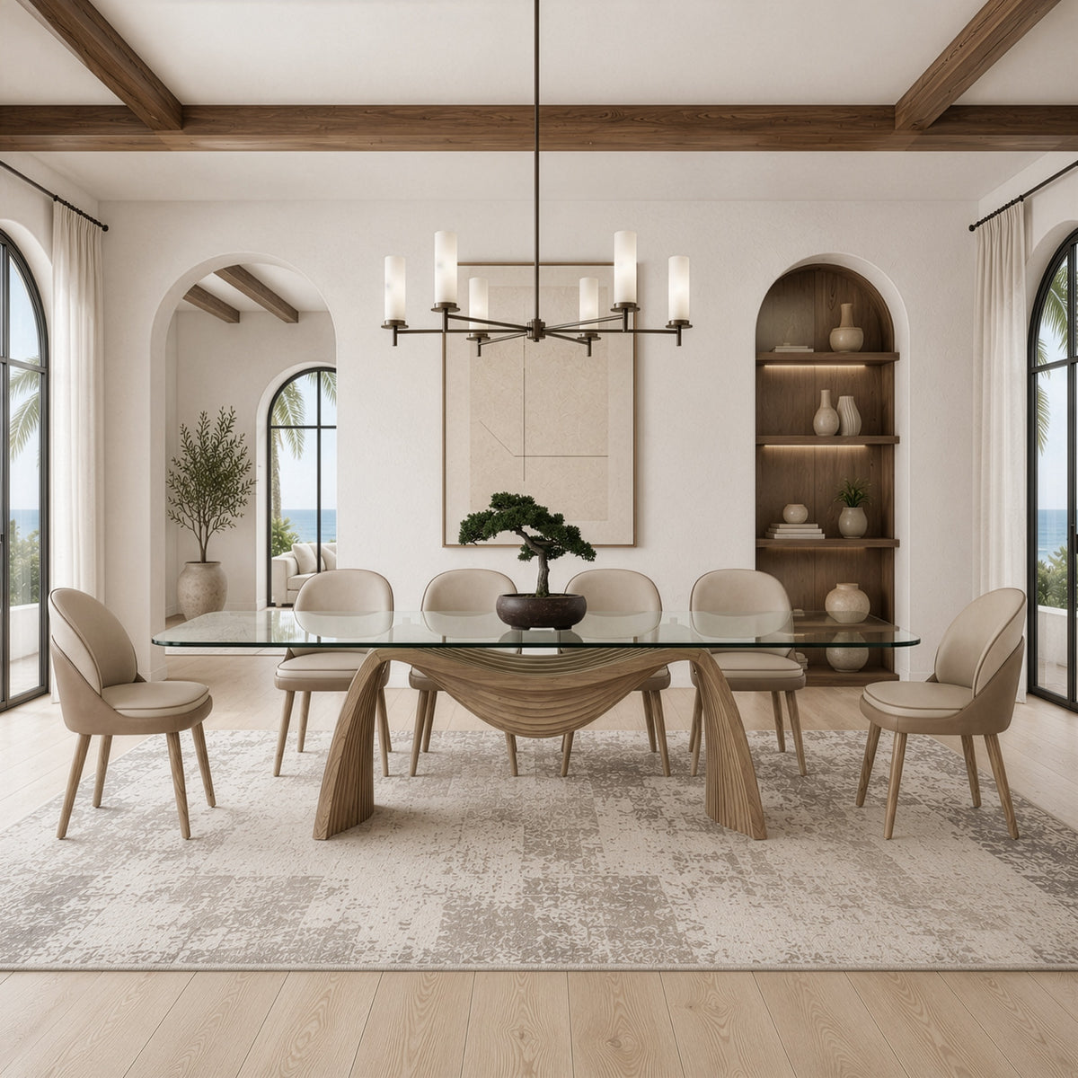 Pangea Mid-Century Modern Glass + Buckwheat Ash Rectangular Dining Table
