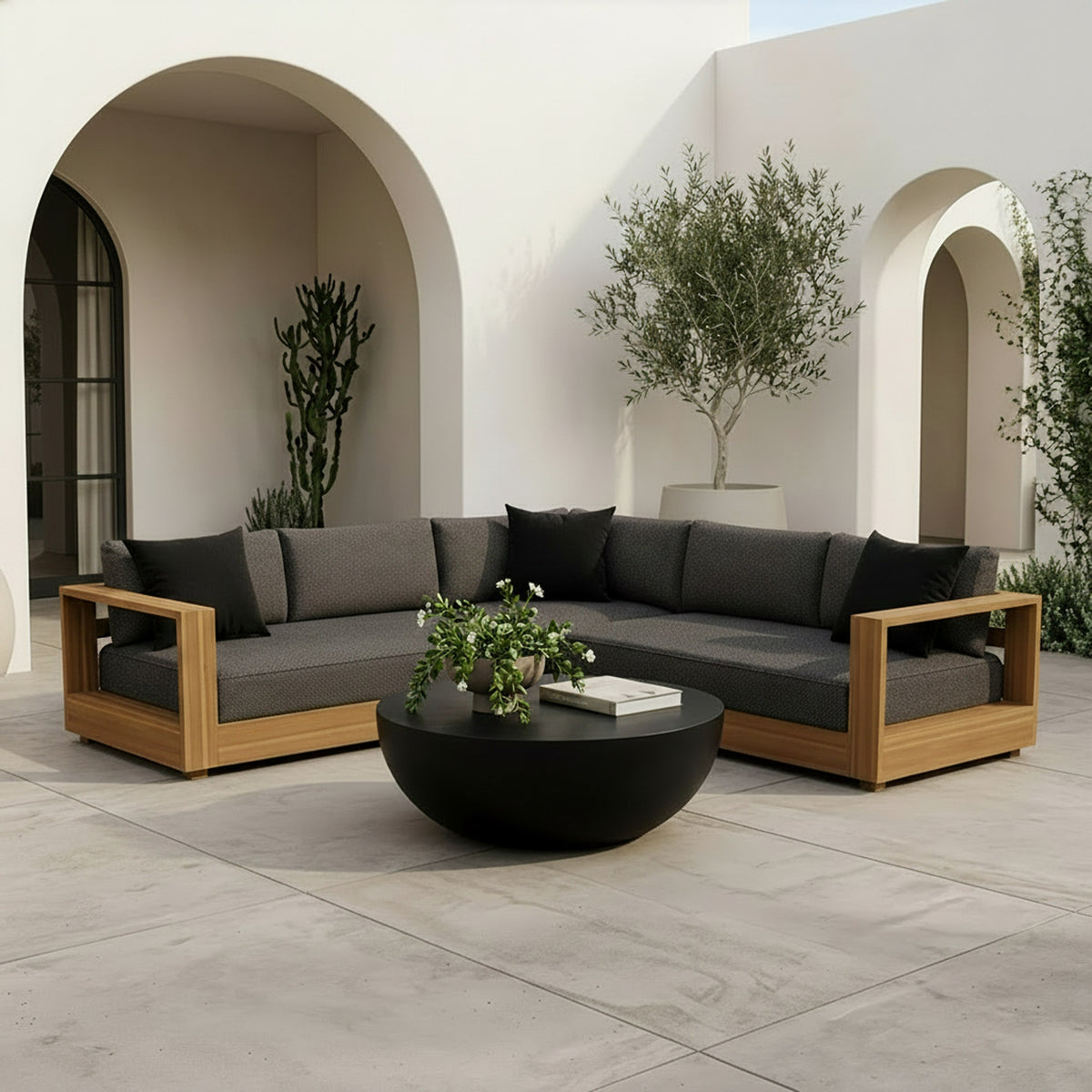 Santorini Outdoor Grey Olefin Fabric + Natural Teak Sectional Sofa