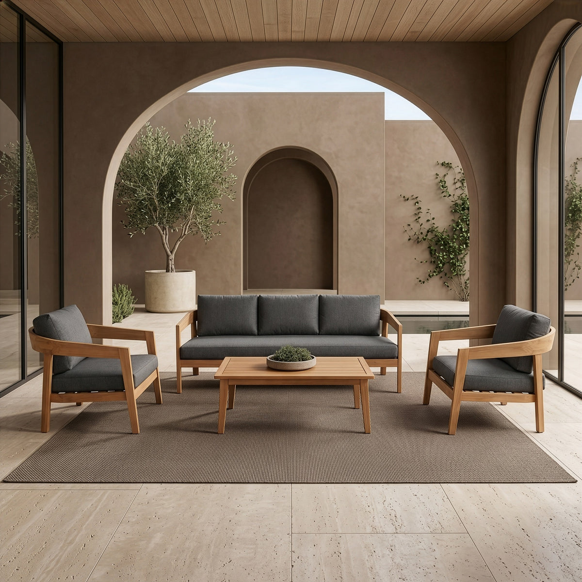 Sintra Outdoor Grey Fabric + Eucalyptus Sofa Set
