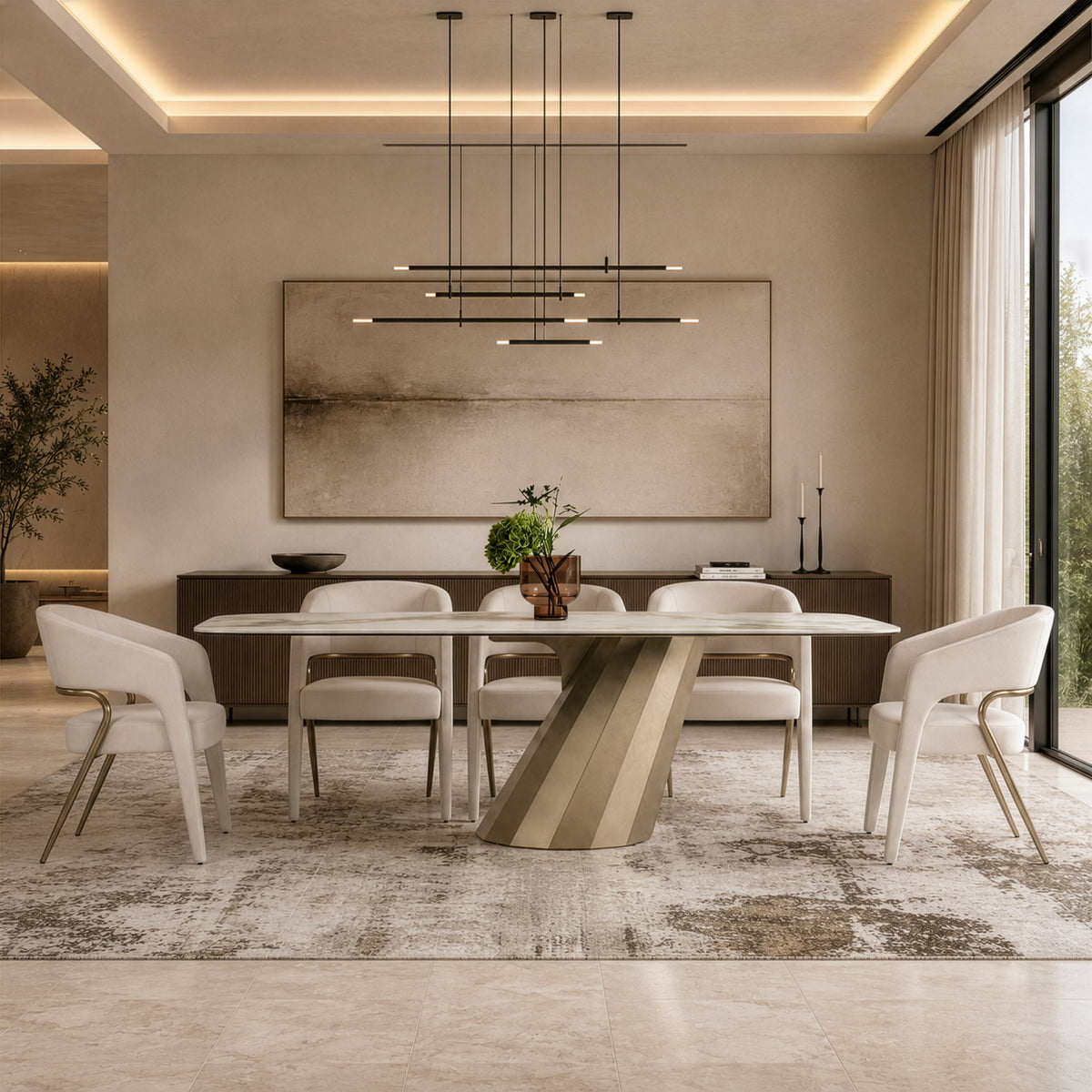 Vela Modern Ceramic + Brass Dining Table
