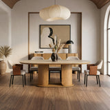 Walbrook Modern Faux Travertine Ceramic + White Oak Oval Dining Table