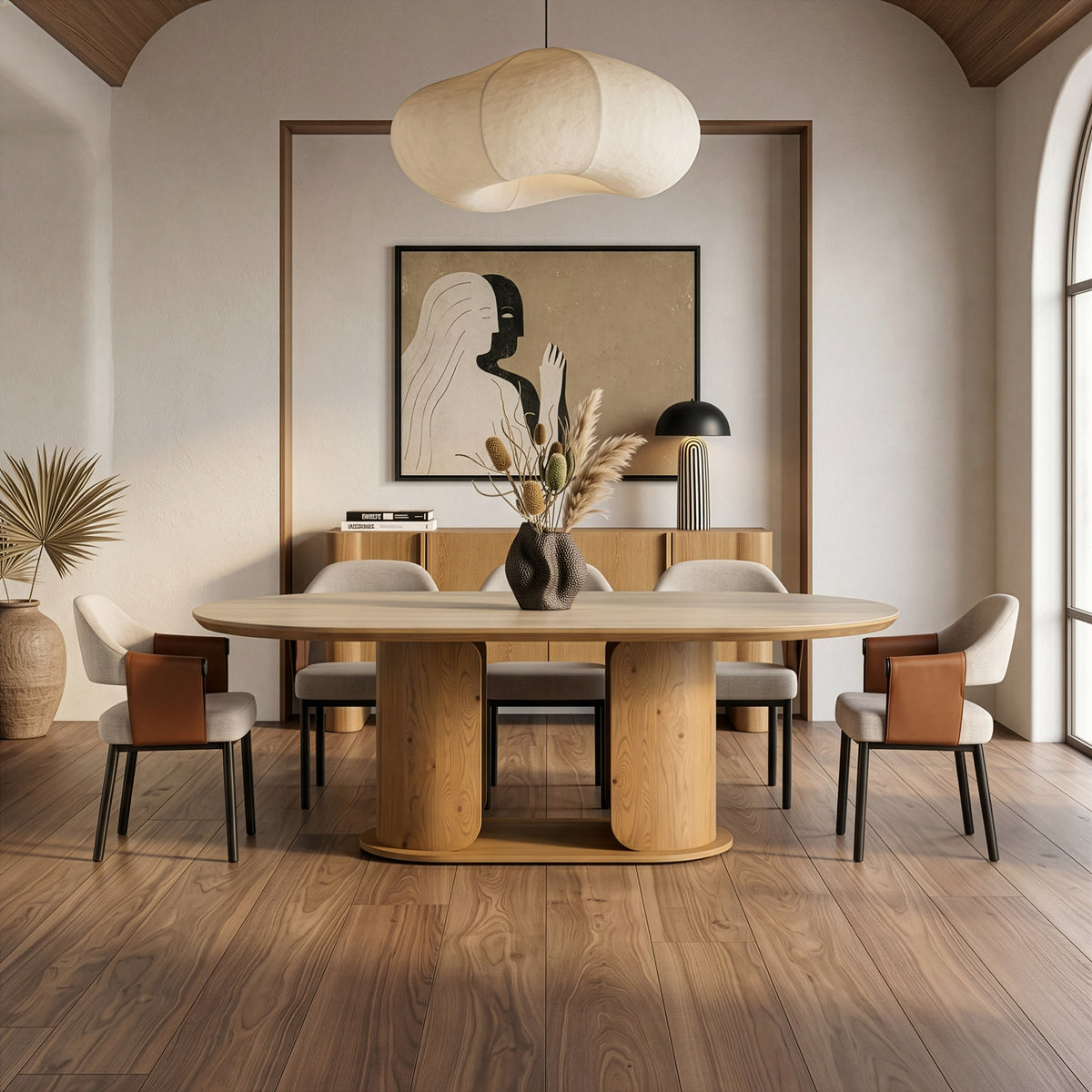Walbrook Modern Faux Travertine Ceramic + White Oak Oval Dining Table