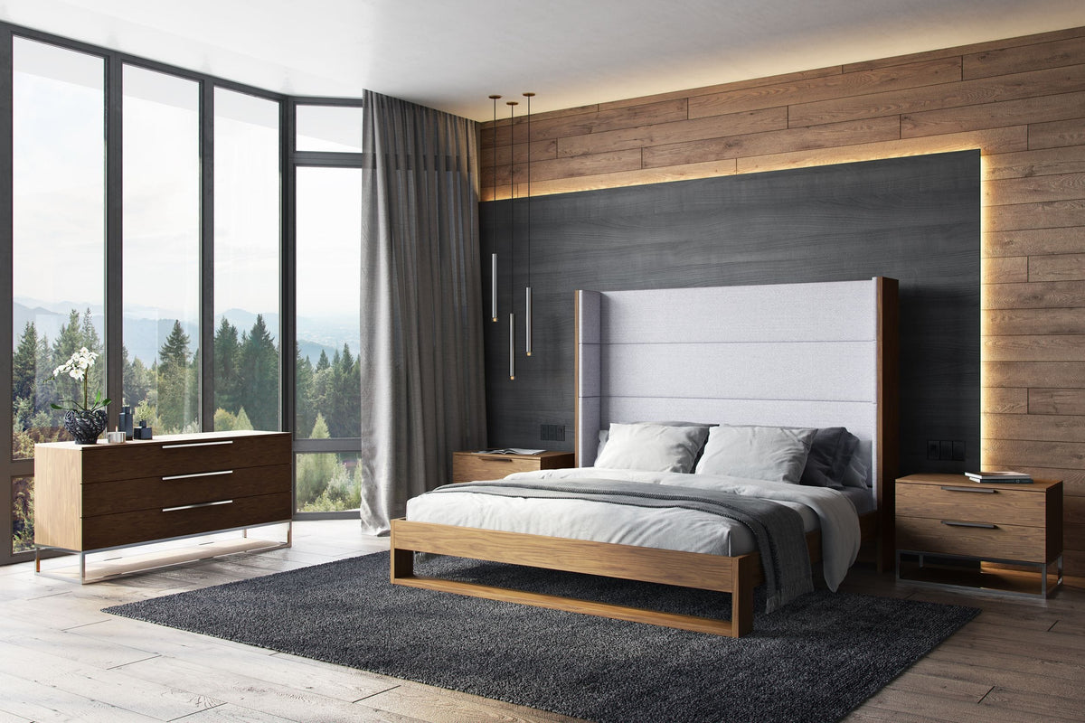 Heloise Contemporary Grey Fabric & Walnut Trim Bed