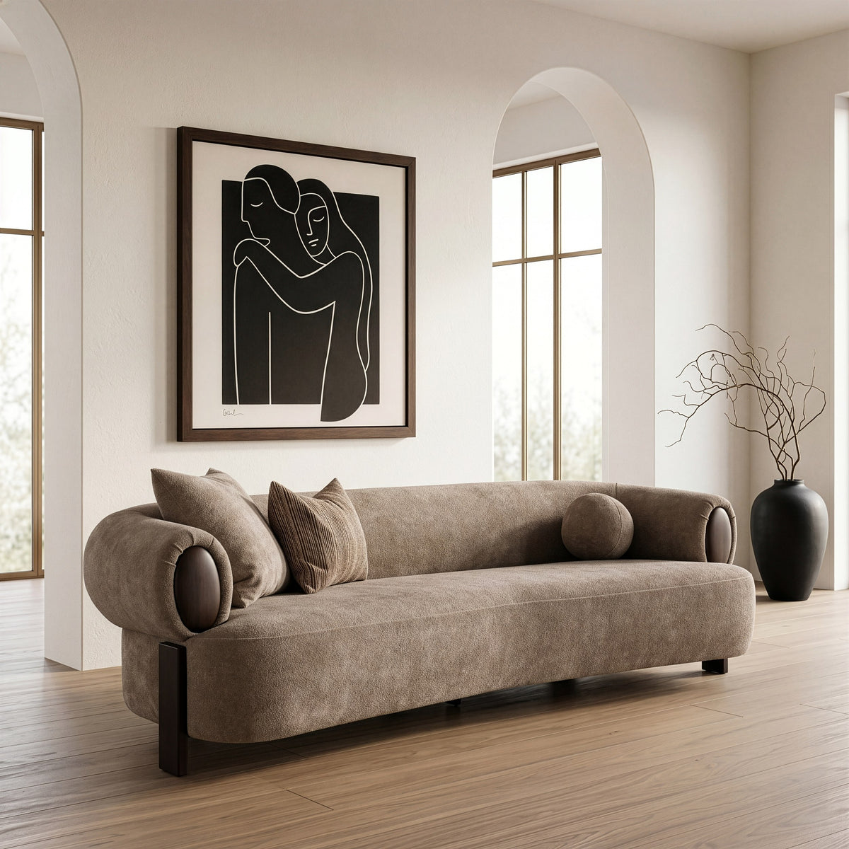 Arnaud Modern Tan Fabric + Brown Oak Sofa