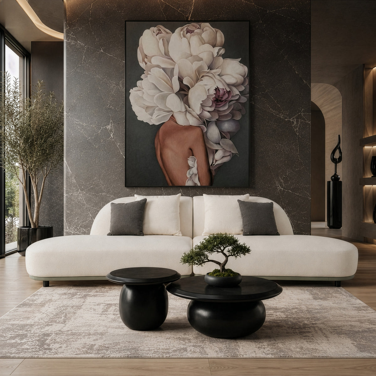 Falcone Contemporary Off-White + Grey Bonded Leather Curved Sectional Sofa