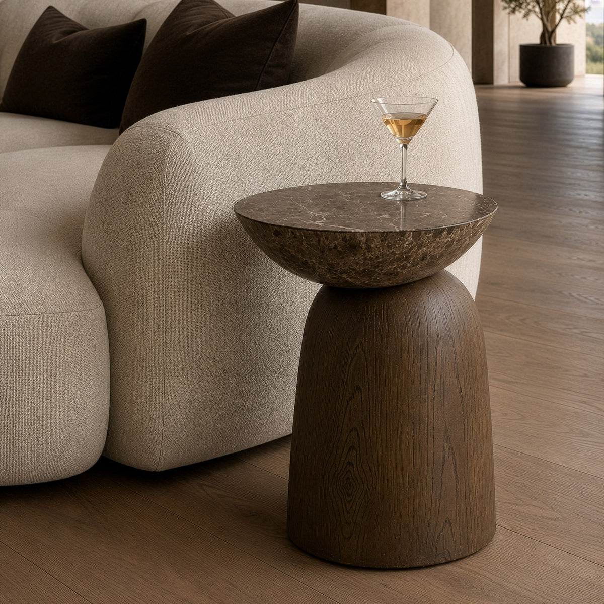 Lenin Modern Faux Marble + Wood Texture Concrete End Table