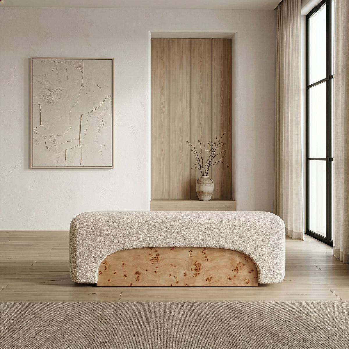 Mayfair Contemporary Beige Fabric + Burl Bench Ottoman