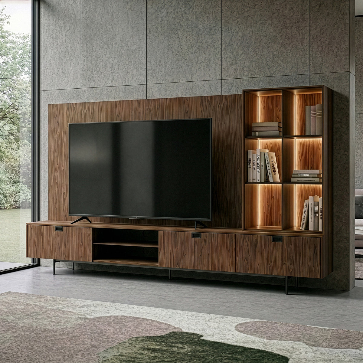 Raskin Contemporary Walnut Entertainment Center with LED Lighting