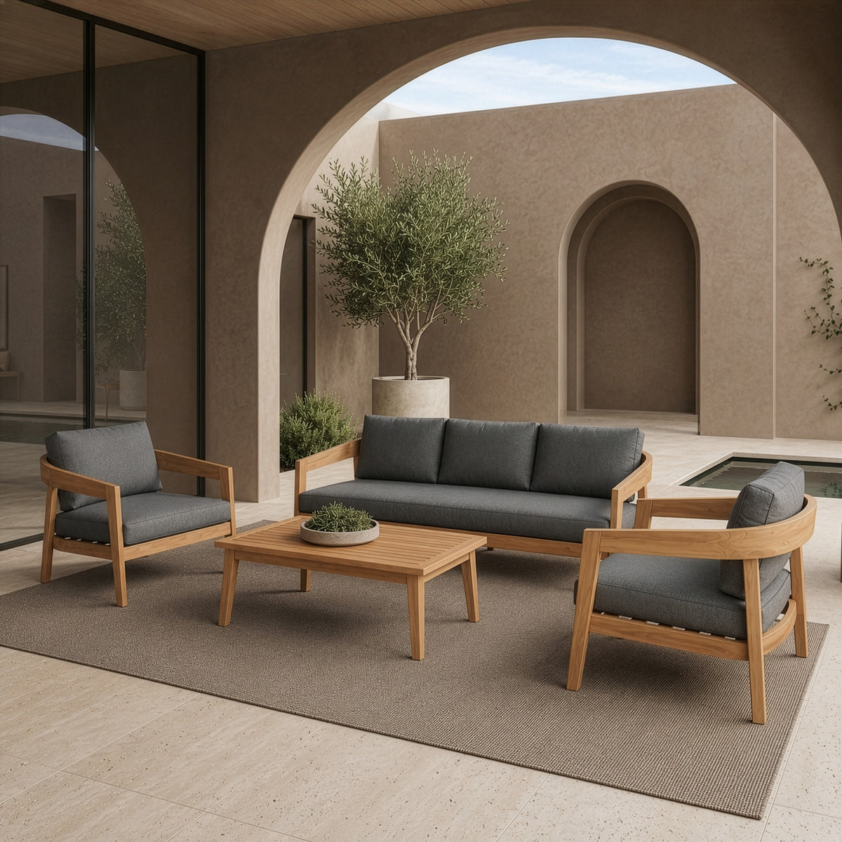 Sintra Outdoor Grey Fabric + Eucalyptus Sofa Set