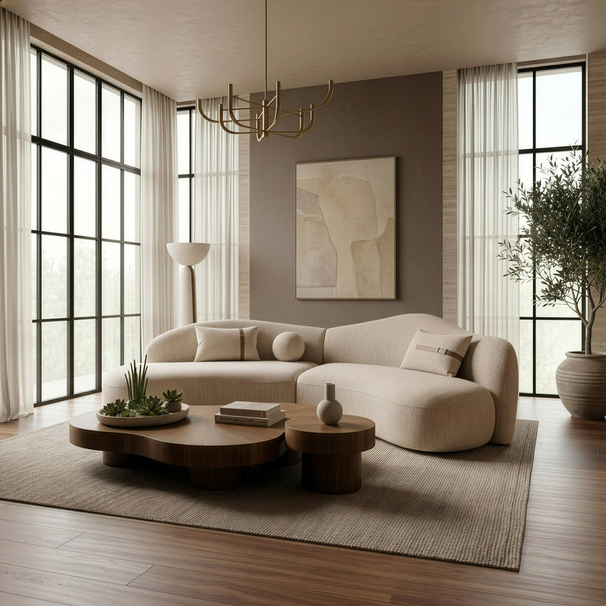 Spiro Modern Beige Fabric Curved Sectional Sofa