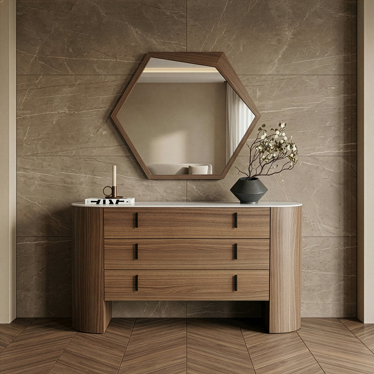 Chelton Contemporary White Ceramic & Walnut Dresser