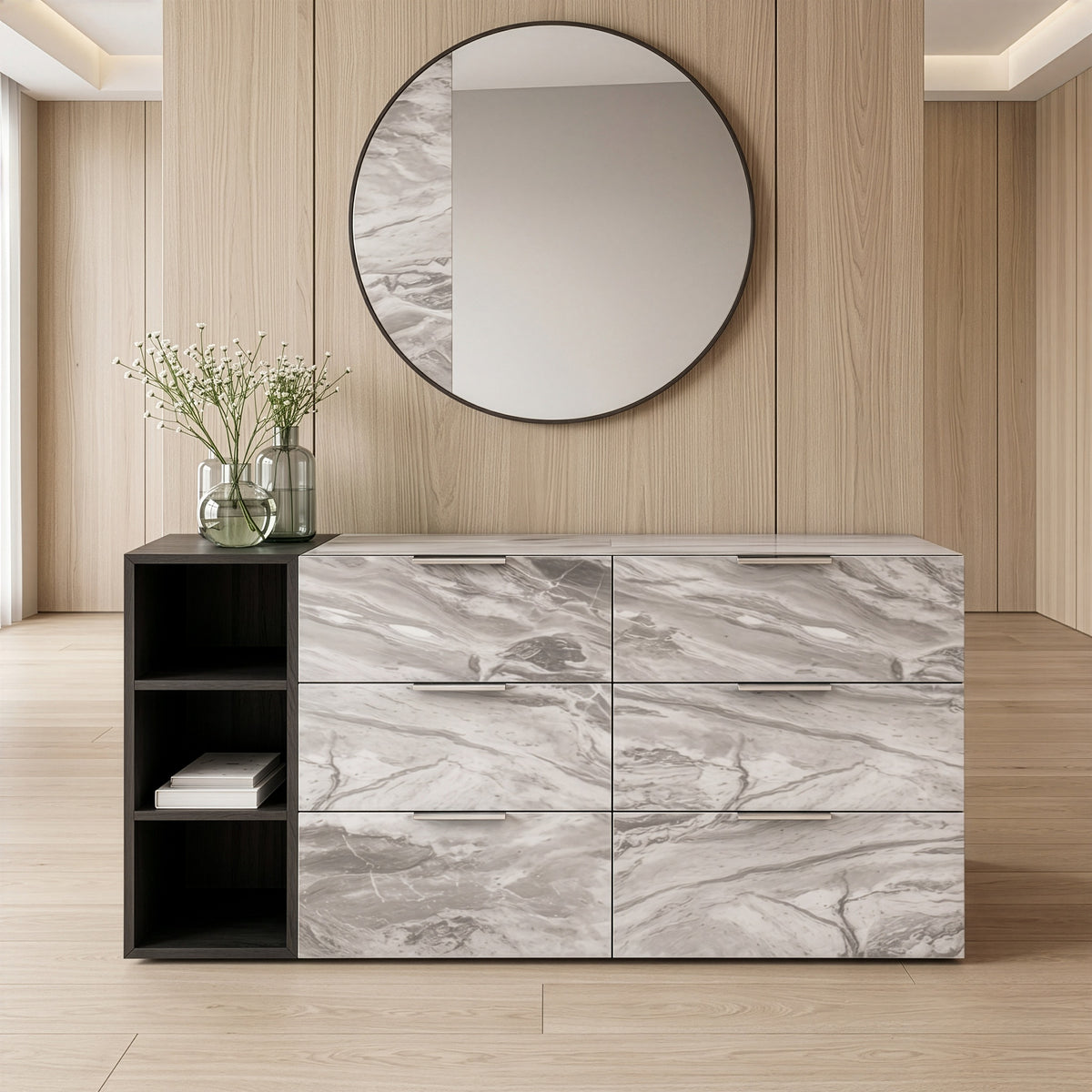 Maranello Modern Grey Wash & Faux Marble Dresser