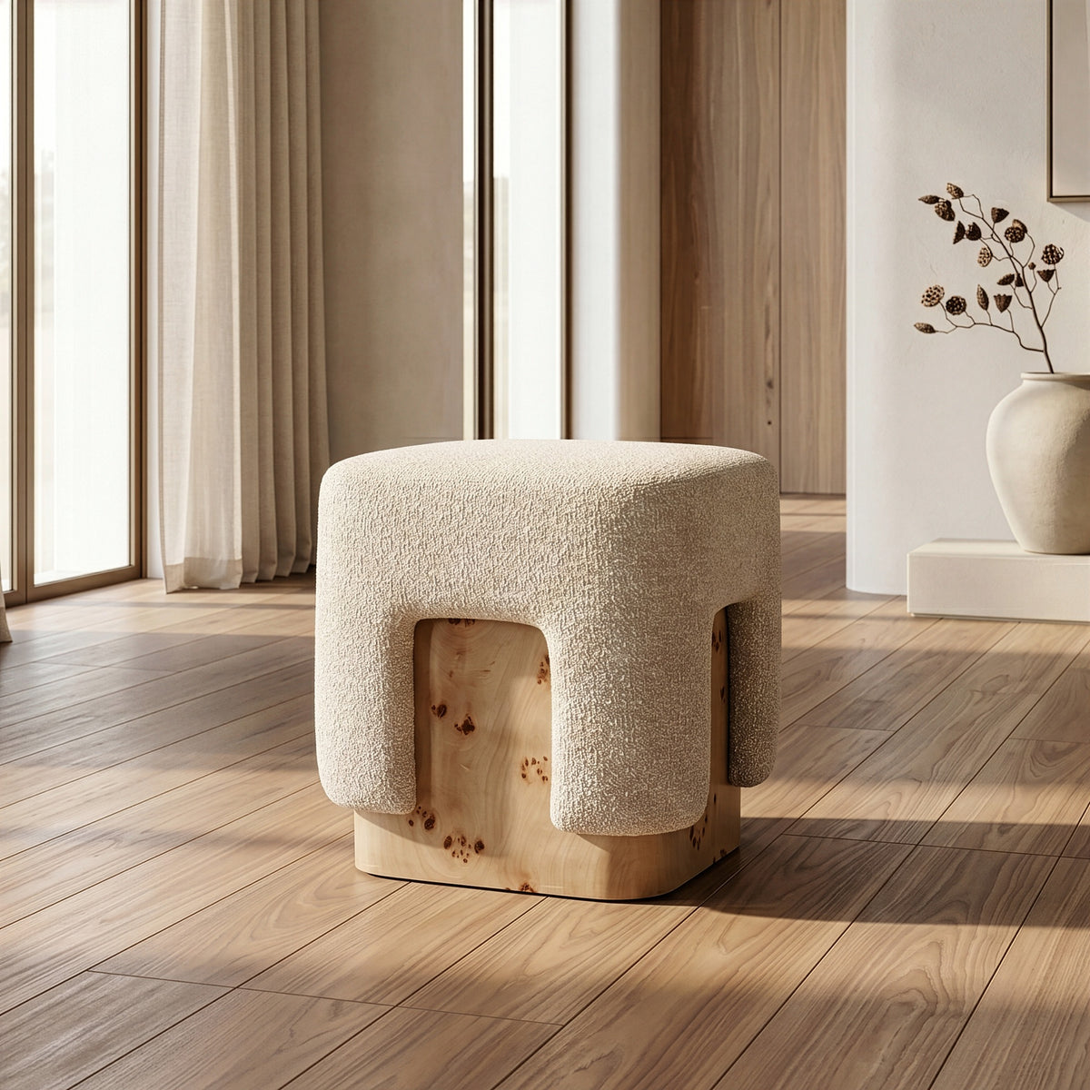 Mayfair Contemporary Beige Fabric + Burl Square Ottoman