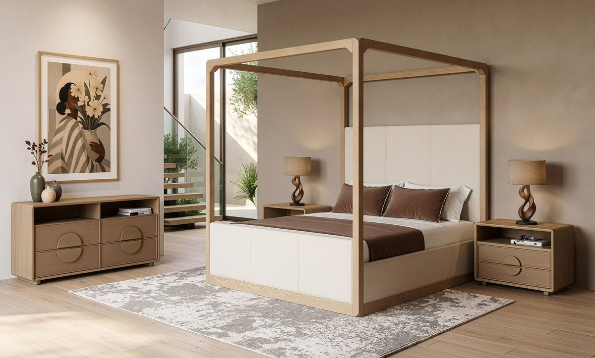Sergio Modern Beige Fabric + Natural Oak Canopy Bed