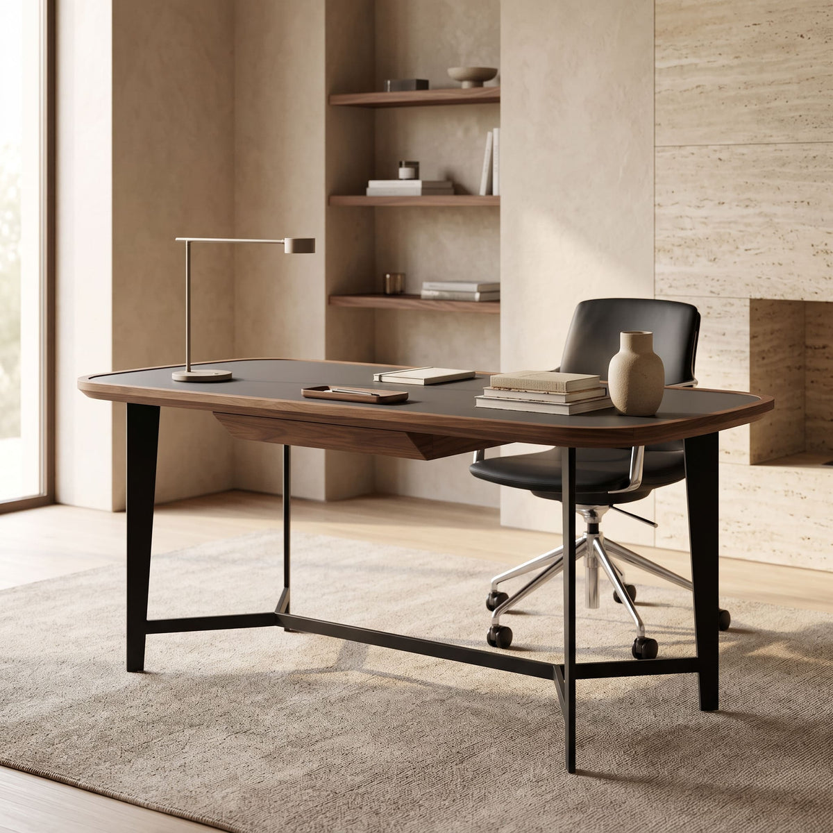 Girard Modern Walnut & Black Glass Desk