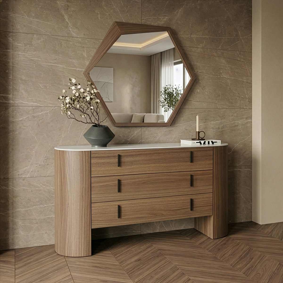 Chelton Contemporary White Ceramic & Walnut Dresser