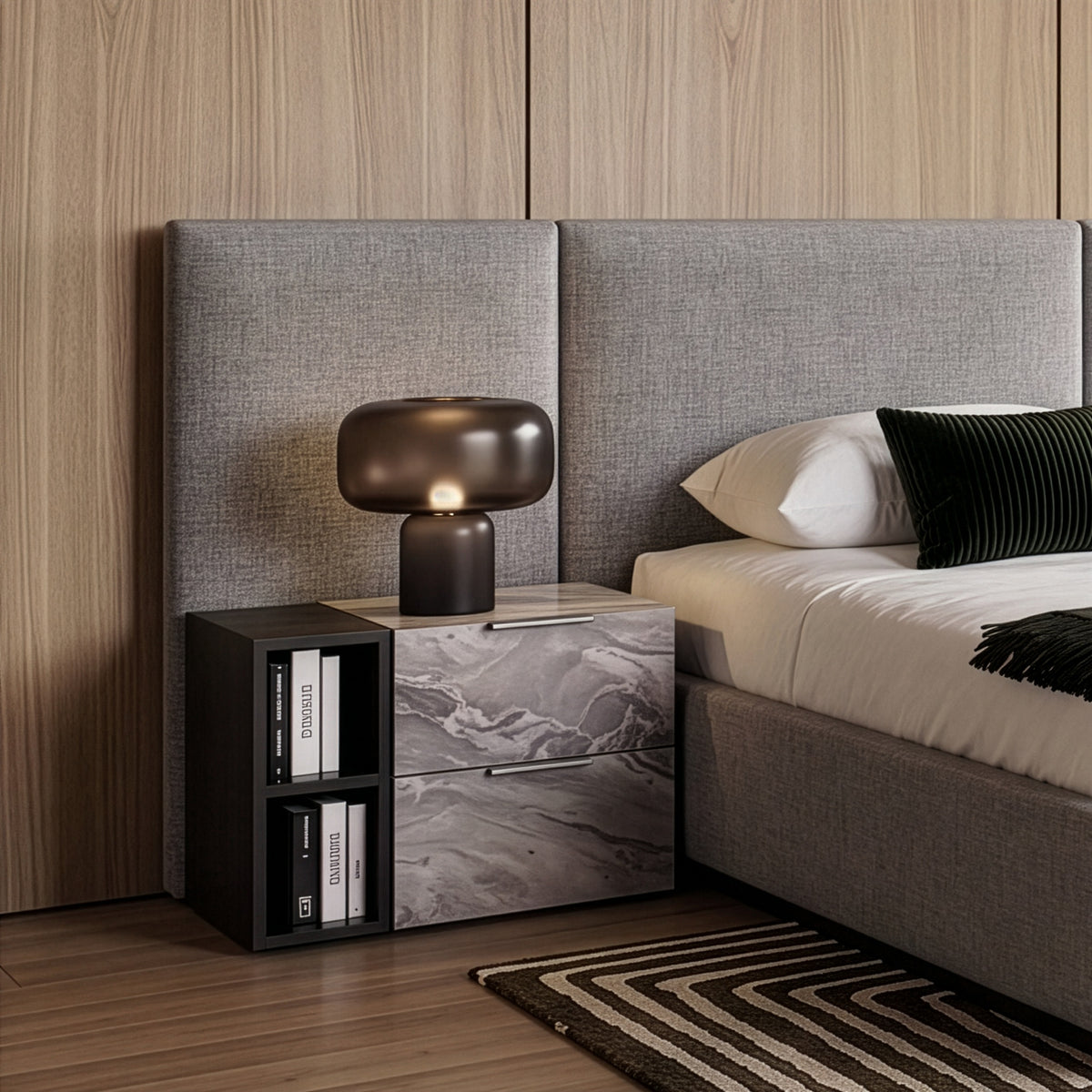Maranello Modern Grey Fabric Bed with Two Nightstands