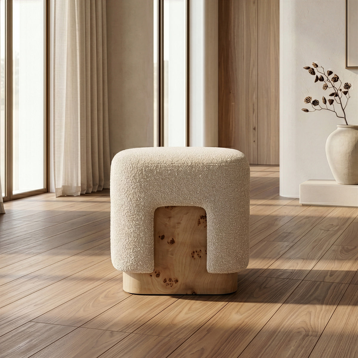 Mayfair Contemporary Beige Fabric + Burl Square Ottoman