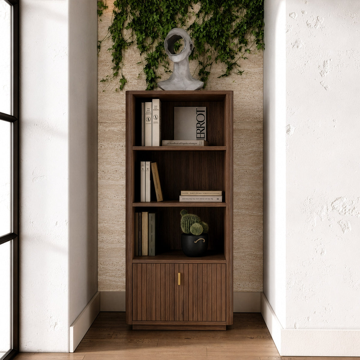 Roma Modern Walnut + Gold Bookcase