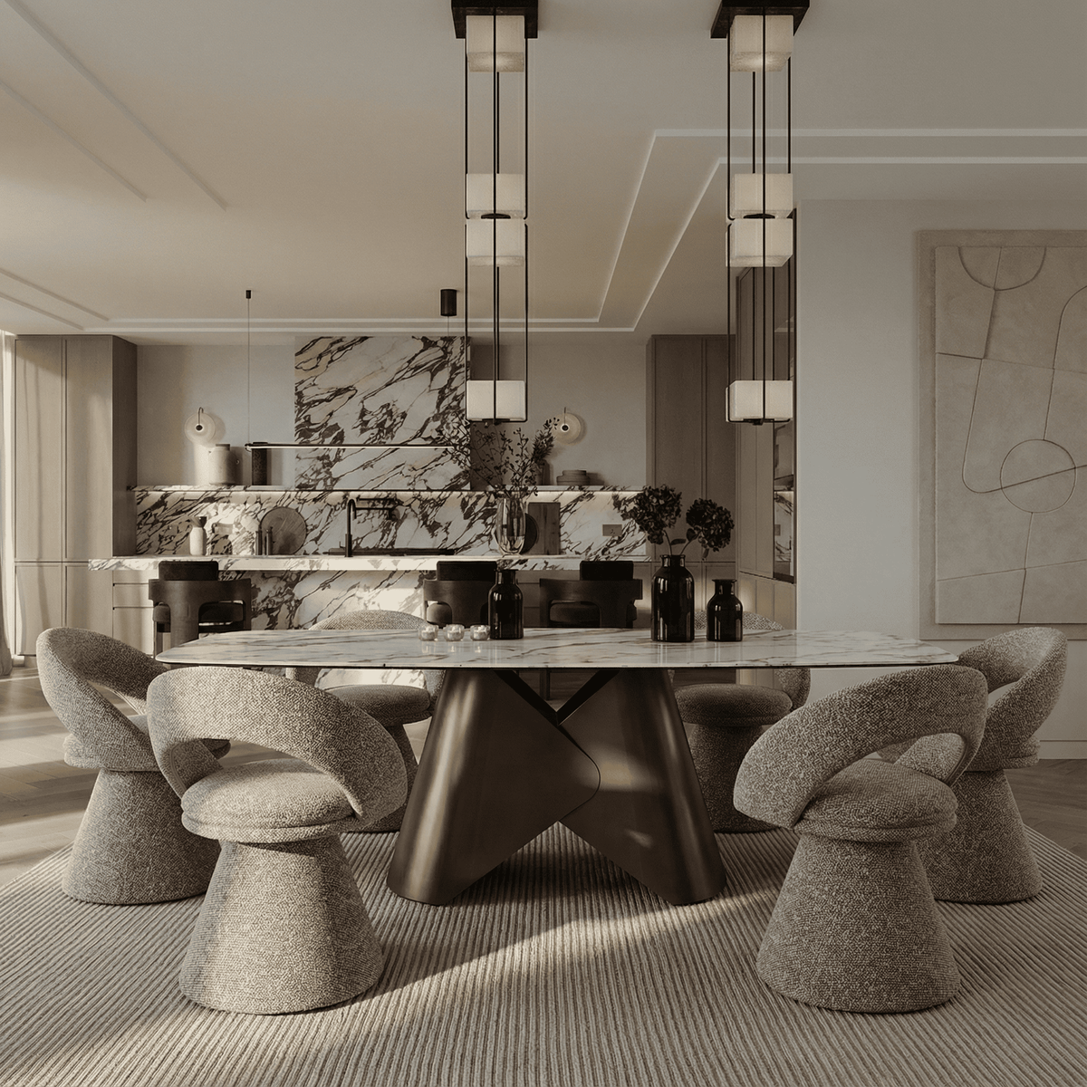 Chiswell Contemporary White Ceramic + Brushed Brass Dining Table