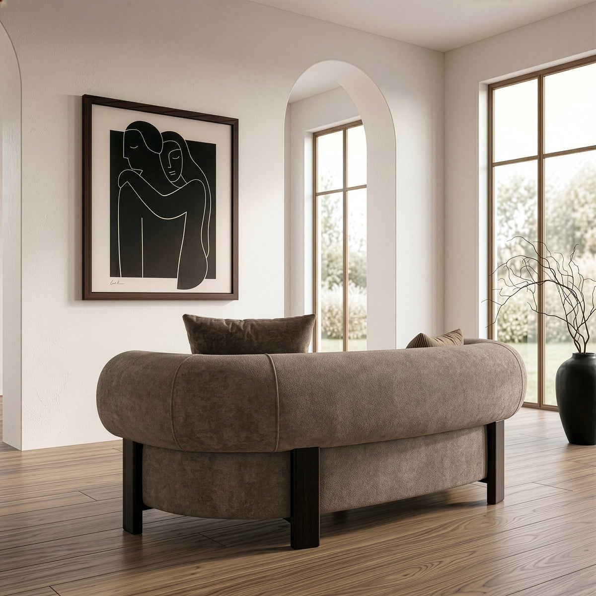 Arnaud Modern Tan Fabric + Brown Oak Loveseat Sofa