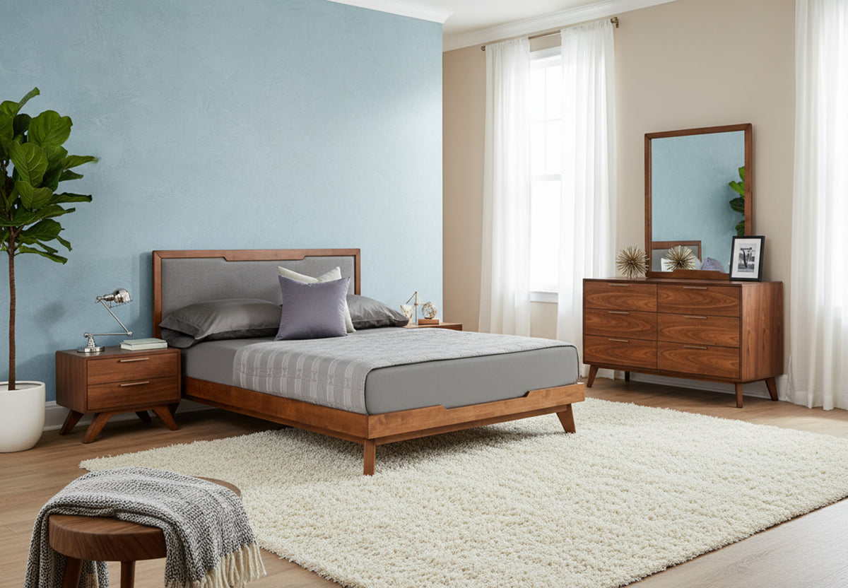 Soria Mid-Century Grey & Walnut Bed