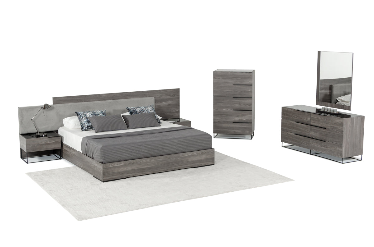 Enzo Italian Modern Grey Oak & Fabric Bed with Nightstands