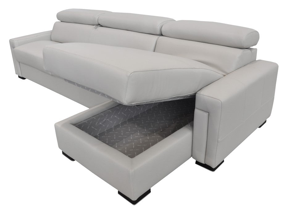 Sacha Modern Light Grey Leather Reversible Sectional Sofa Bed with Storage