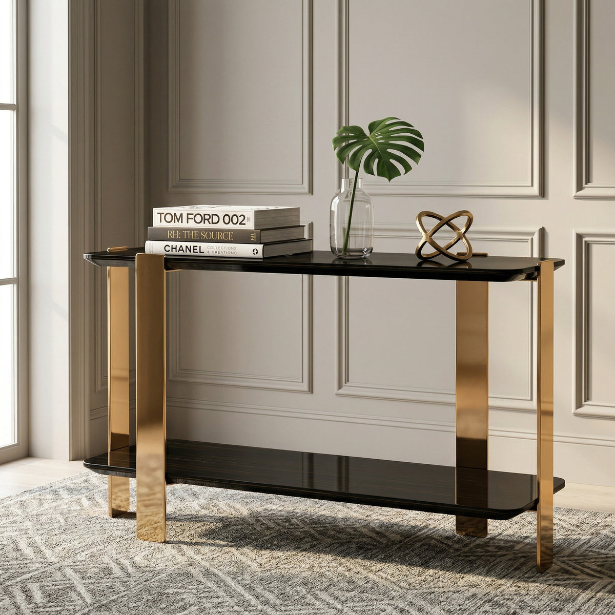 Leroy Modern Ebony & Rosegold Console Table