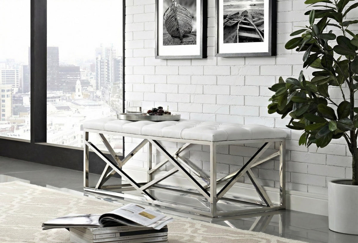 Lindsey Modern White Leatherette & Stainless Steel Bench