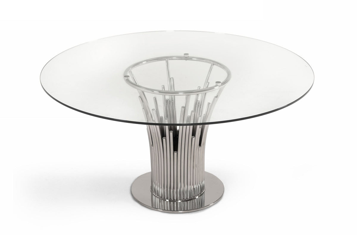Mielcasa | Clear Modrest Paxton Modern Round Glass & Stainless Steel Dining Table | SKU VGVC-T817-RND | MPN: 75587 | Free Delivery & Free Return