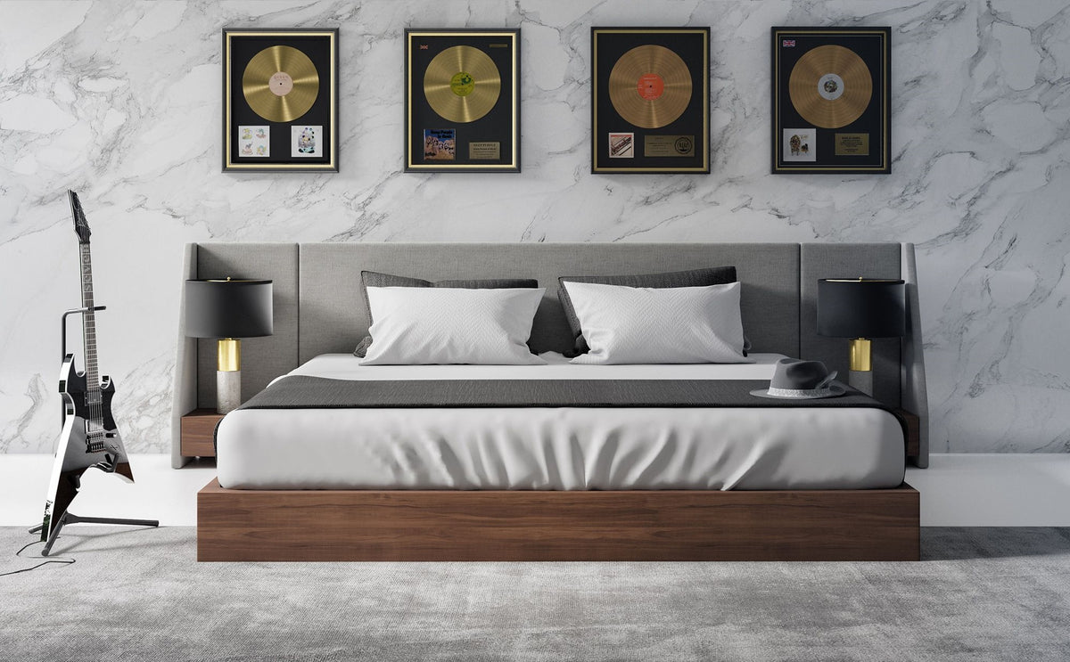 Janice Modern Grey Fabric and Walnut Bed and Nightstands