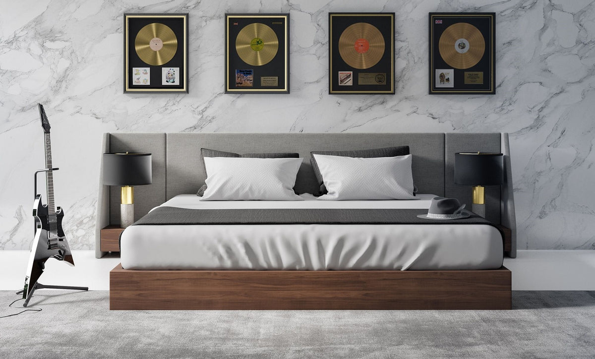 Janice Modern Grey Fabric and Walnut Bed and Nightstands