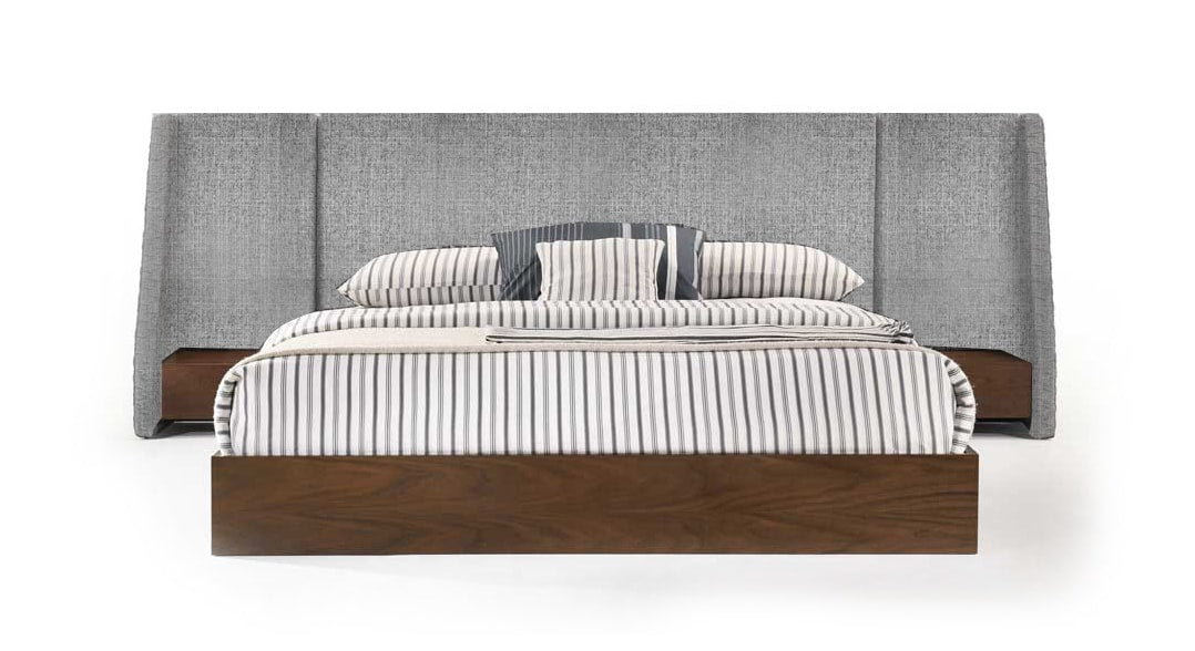 Eastern King Janice Modern Grey Fabric and Walnut Bed and Nightstands