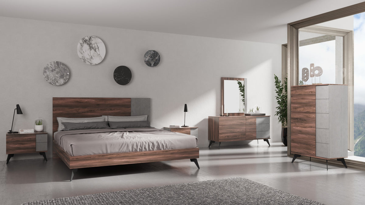 Palermo Italian Modern Faux Concrete & Walnut Bedroom Set