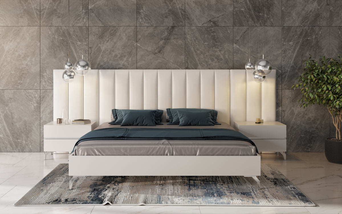 Angela Italian Modern White Eco Leather Bed with Nightstands and Wings