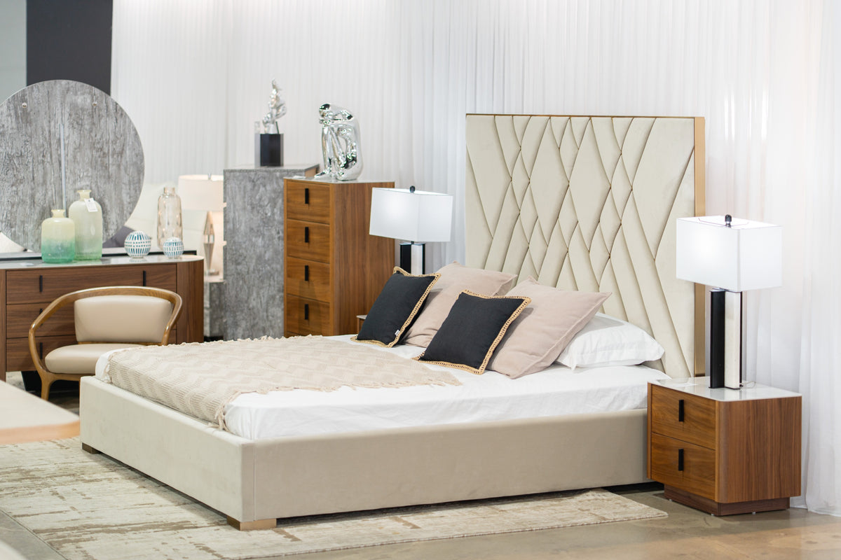 Eldora Glam Beige Velvet and Brushed Brass Bed
