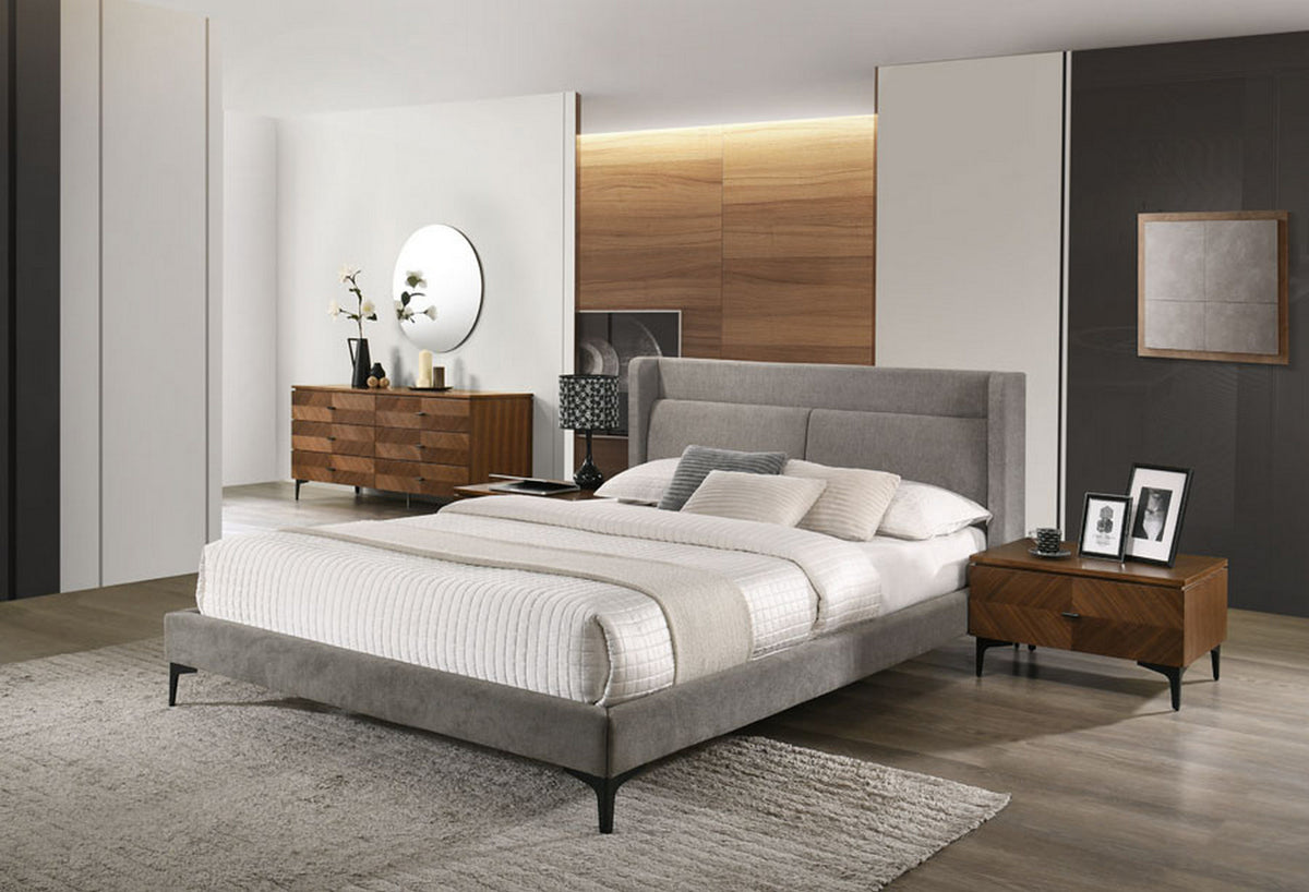 Paula Eastern King Mid-Century Grey Upholstered Bed