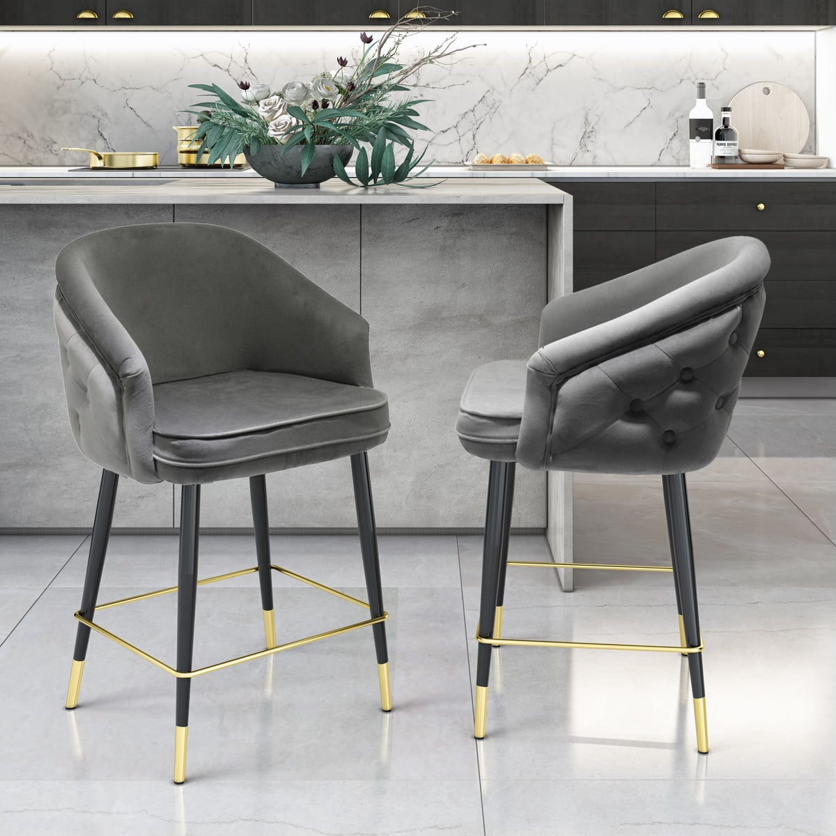 Elliot Contemporary Grey & Black/Gold Dining Bar Stool (Set of 2)