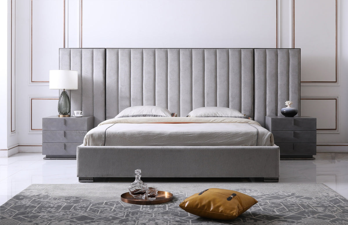 Queen Buckley Modern Grey & Black Stainless Steel Bed with Nightstands